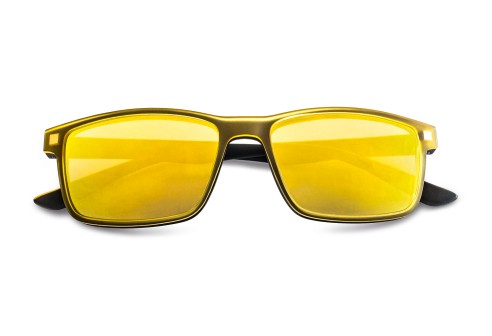 Leesbril zwart/geel met polariserende clip goud verspiegeld